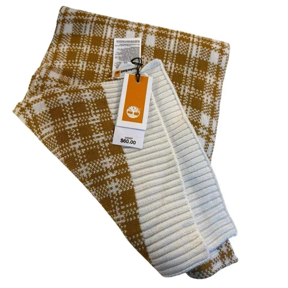New Timberland Scarf Wheat Plaid One Size Winter Fall Logo NWT Woodsy Outdoor